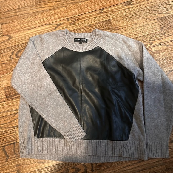 Central Park West Sweaters - Central Park West Gray and Black Crewneck Sweater with Leather Panel